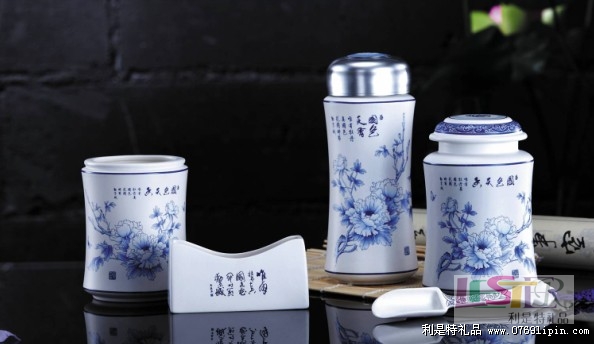 國色天香保溫杯茶葉罐茶葉勺筆筒名片座五件套