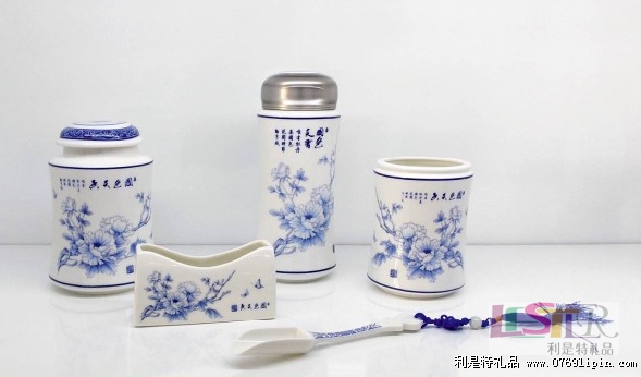 國(guó)色天香保溫杯茶葉罐筆筒茶葉勺名片座五件套（亮）